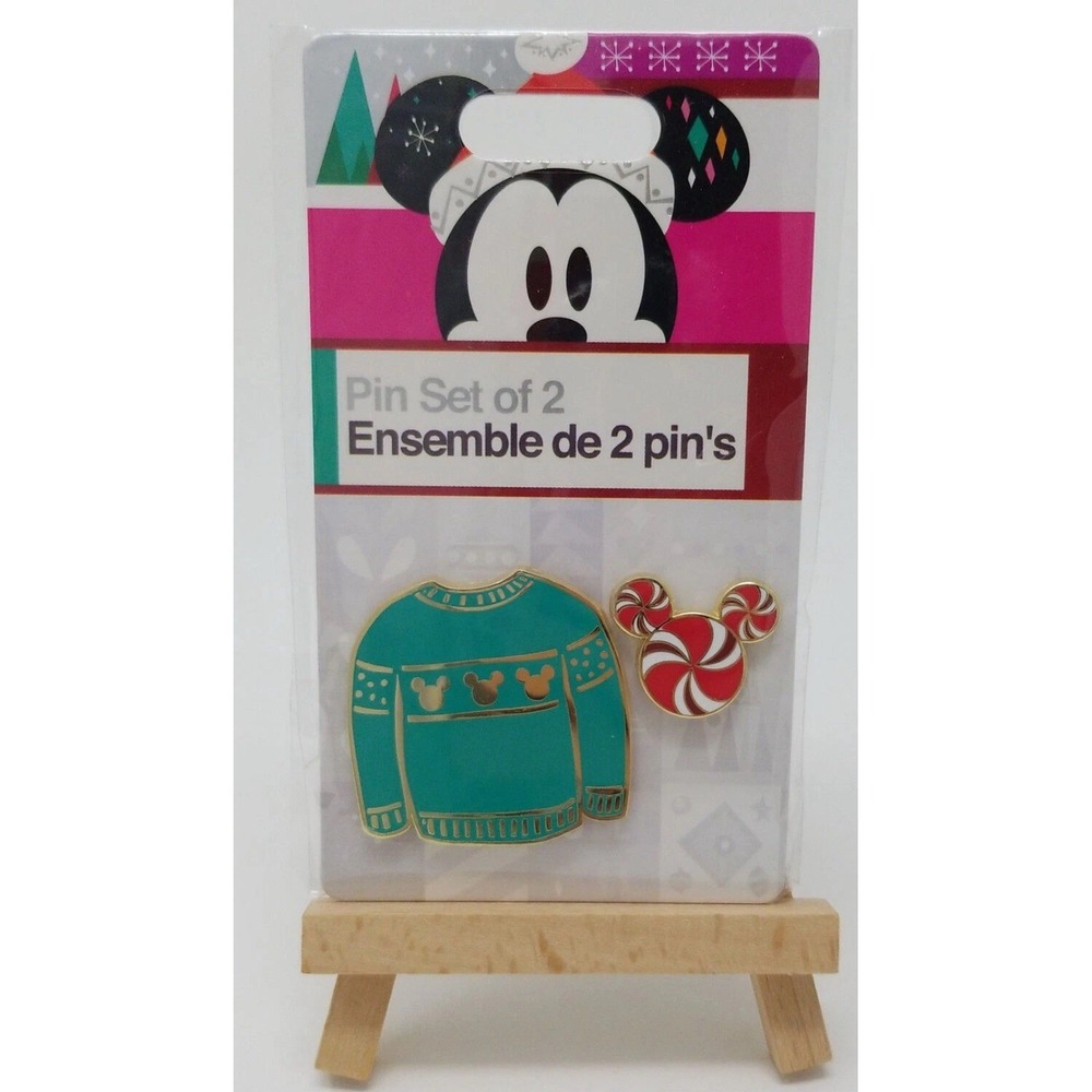 Walt Disney Store Mickey Mouse Christmas Sweater & Candy Holiday Pin Lot Of 2